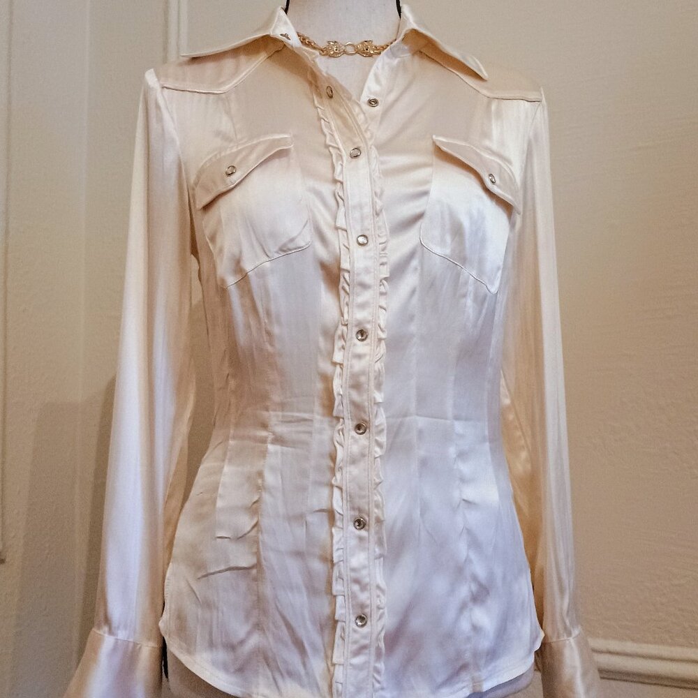 Bebe silk cowgirl blouse rhinestone buttons very feminine xs!